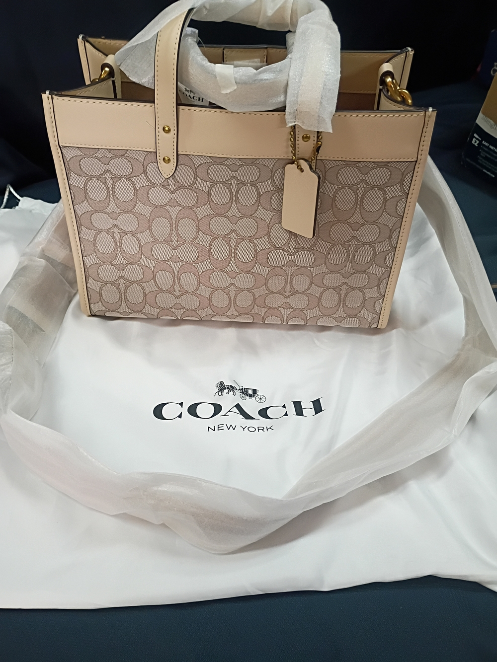 Coach Signature Canvas Tote in Beige with Leather Trim Field Tote
